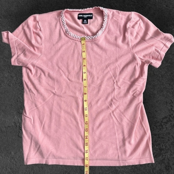 Karl Lagerfeld Paris - Short Sleeve Knit with Embroidered Neck Line in Soft Pink - Picture 8 of 9